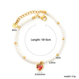 8.5 x 8.8mm beaded heart-shaped pendant with white/black/red/pink/green zirconia stones, 3.2mm white pearl beads + 3mm small steel beads, 18+3cm + 6mm round pendant, gold-colored bracelet