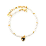8.5 x 8.8mm beaded heart-shaped pendant with white/black/red/pink/green zirconia stones, 3.2mm white pearl beads + 3mm small steel beads, 18+3cm + 6mm round pendant, gold-colored bracelet