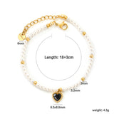 8.5 x 8.8mm beaded heart-shaped pendant with white/black/red/pink/green zirconia stones, 3.2mm white pearl beads + 3mm small steel beads, 18+3cm + 6mm round pendant, gold-colored bracelet