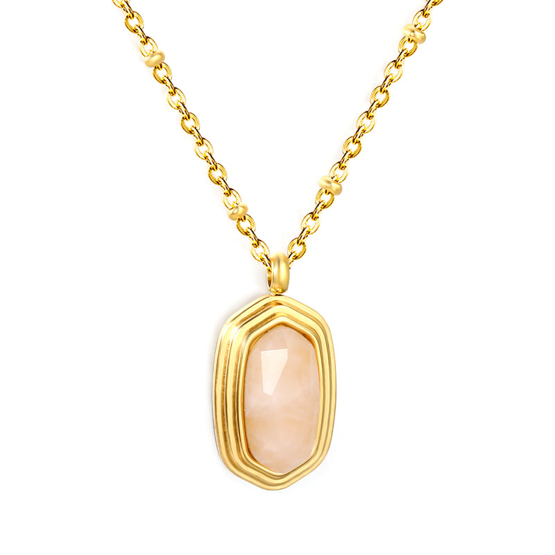 12.6*19mm Rose Quartz Stone Pendant 0.4mm Bead Chain Round Tag Necklace Gold