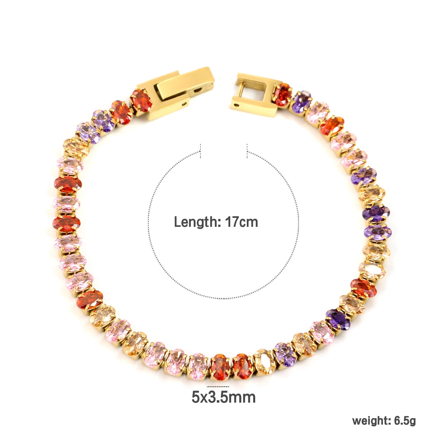 5*3.5mm Oval White/Purple/Red/Pink/Aquamarine/Mixed Color Genuine Zirconium Clasp Bracelet 17cm Steel/Gold asonjewelry