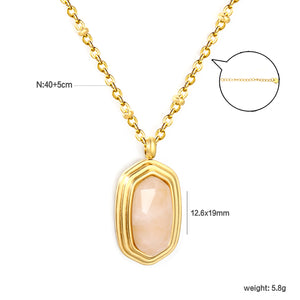 12.6*19mm Rose Quartz Stone Pendant 0.4mm Bead Chain Round Tag Necklace Gold