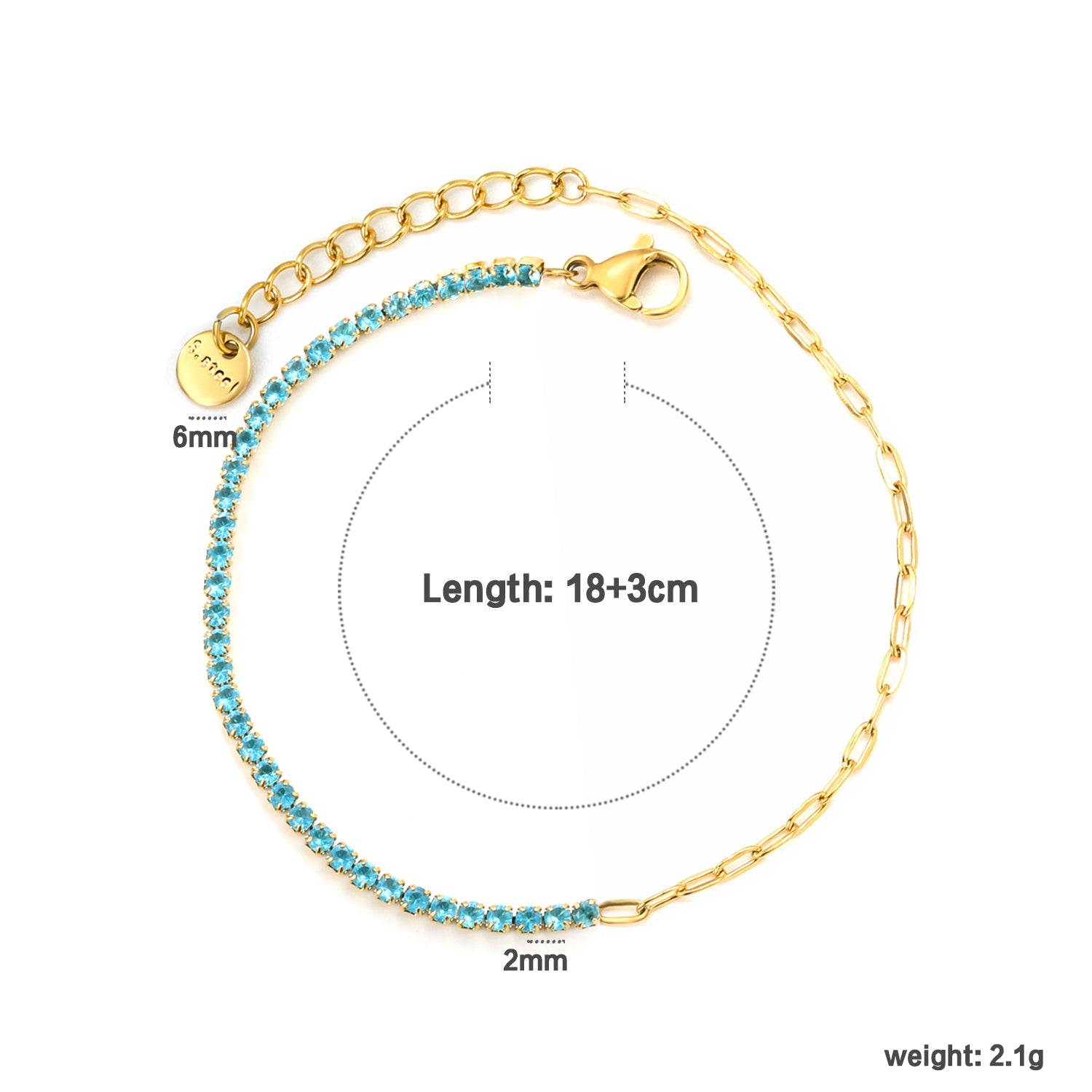 2mm white/black/purple/pink/light blue four-prong round zirconia 18+3cm+6mm round pendant bracelet, gold asonjewelry