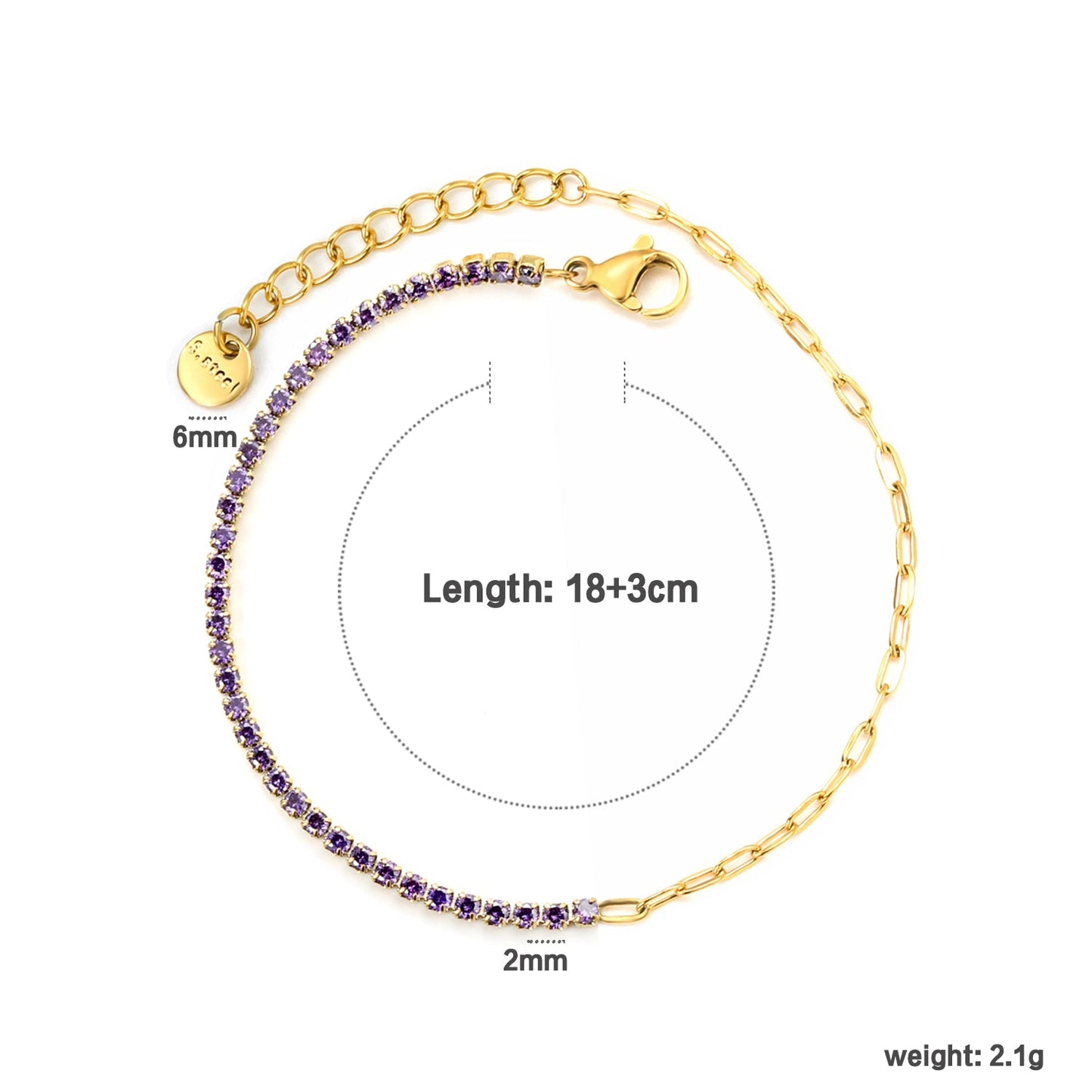 2mm white/black/purple/pink/light blue four-prong round zirconia 18+3cm+6mm round pendant bracelet, gold asonjewelry