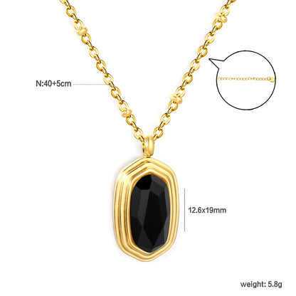 12.6*19mm Black Agate Stone Pendant 0.4 Clip Bead Chain Round Tag Necklace Gold asonjewelry