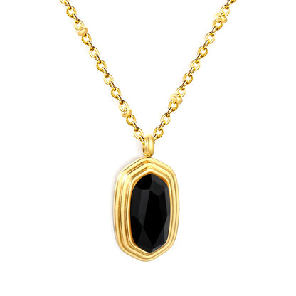 12.6*19mm Black Agate Stone Pendant 0.4 Clip Bead Chain Round Tag Necklace Gold asonjewelry