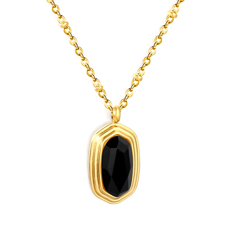 12.6*19mm Black Agate Stone Pendant 0.4 Clip Bead Chain Round Tag Necklace Gold