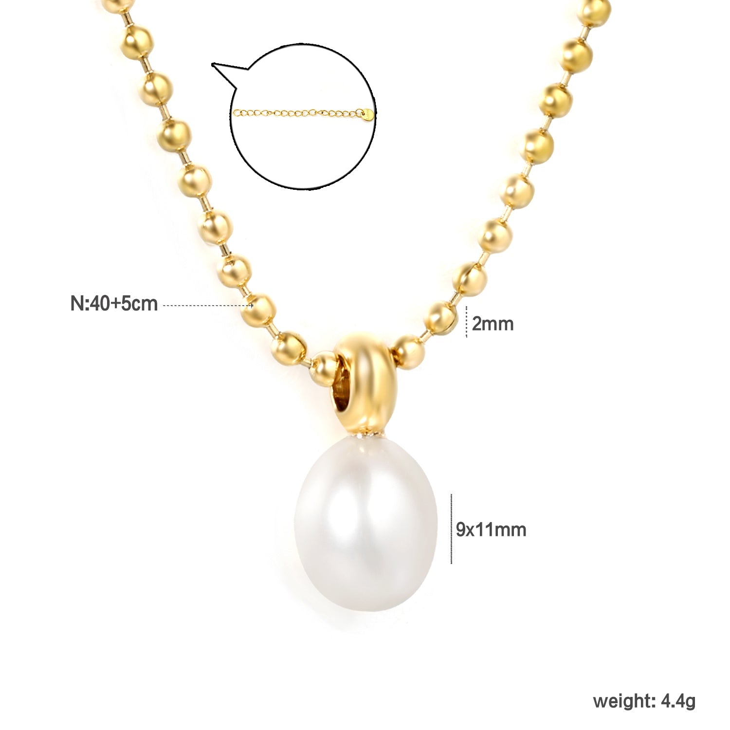9*11mm Freshwater Pearl Pendant with 2mm Bead Chain and Round End Cap Necklace, Gold asonjewelry