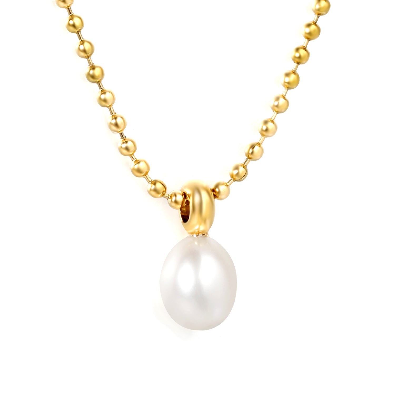 9*11mm Freshwater Pearl Pendant with 2mm Bead Chain and Round End Cap Necklace, Gold asonjewelry