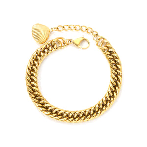 2 x 8mm double-sided rounded chain + 18+3cm + 15 x 13mm shell tail tag bracelet, gold