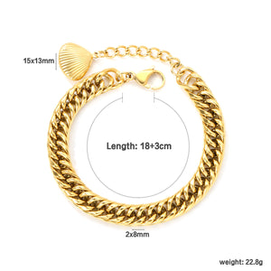 2 x 8mm double-sided rounded chain + 18+3cm + 15 x 13mm shell tail tag bracelet, gold