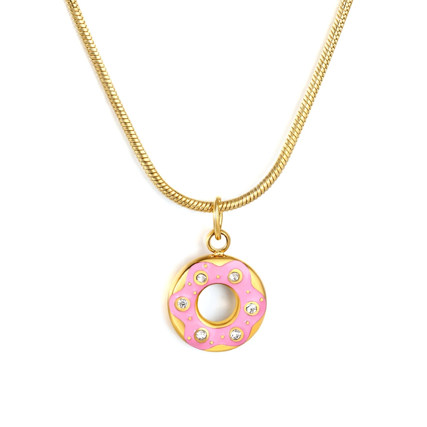 12mm Donut Ring Rhinestone Pendant 1.2 Round Snake Chain Round Tag Necklace Gold asonjewelry