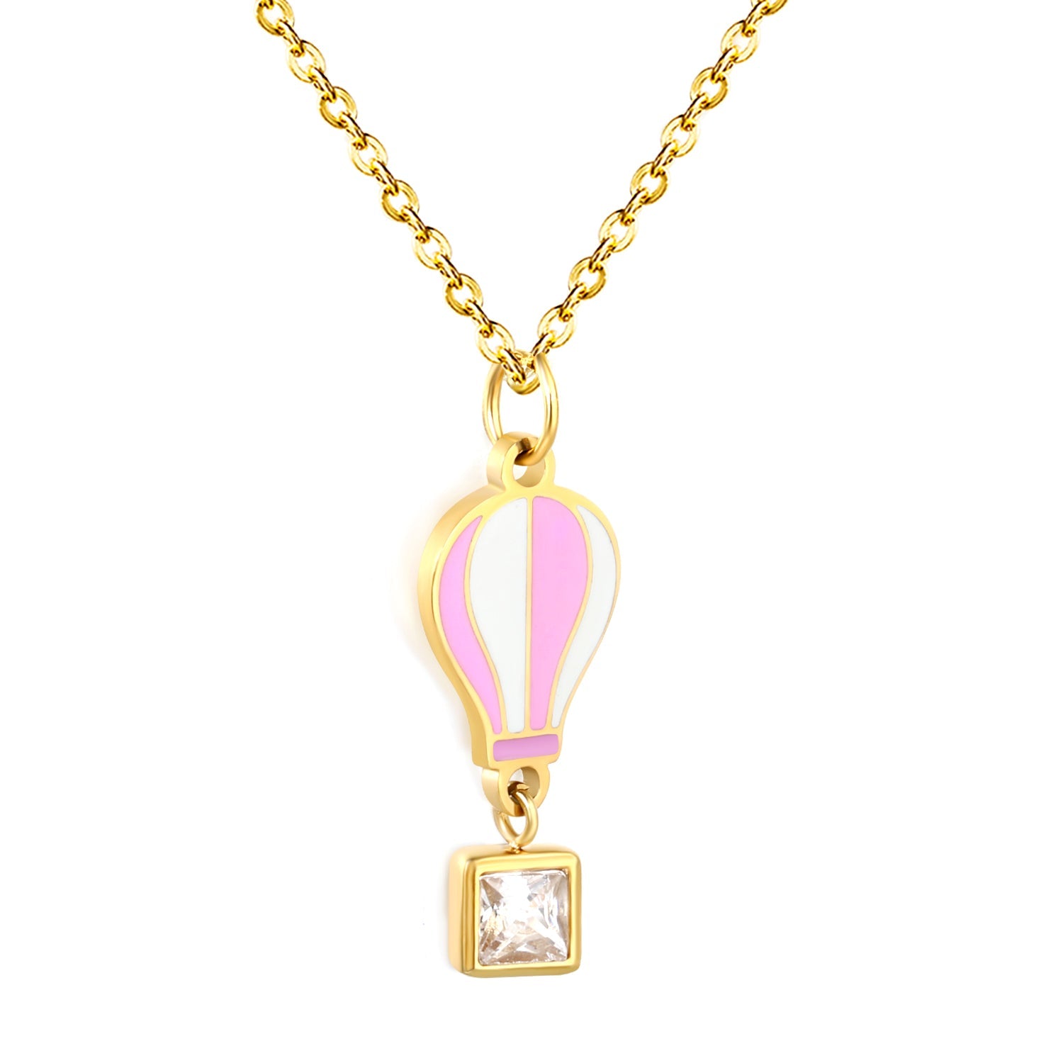 6mm Diamond 10*13mm Hot Air Balloon Pendant 0.4mm Cross Chain Round End Cap Necklace Gold asonjewelry