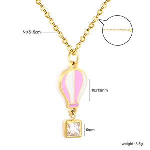 6mm Diamond 10*13mm Hot Air Balloon Pendant 0.4mm Cross Chain Round End Cap Necklace Gold