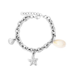 15x19mm starfish + 10.8x12.8mm scallop + 12.3x19.7mm shell accessories, 2.0x8x10mm O-chain 17+3cm + 6mm round tail tag bracelet, steel color/gold color