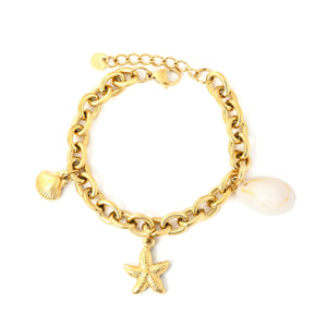 15x19mm starfish + 10.8x12.8mm scallop + 12.3x19.7mm shell accessories, 2.0x8x10mm O-chain 17+3cm + 6mm round tail tag bracelet, steel color/gold color