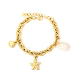 15x19mm starfish + 10.8x12.8mm scallop + 12.3x19.7mm shell accessories, 2.0x8x10mm O-chain 17+3cm + 6mm round tail tag bracelet, steel color/gold color