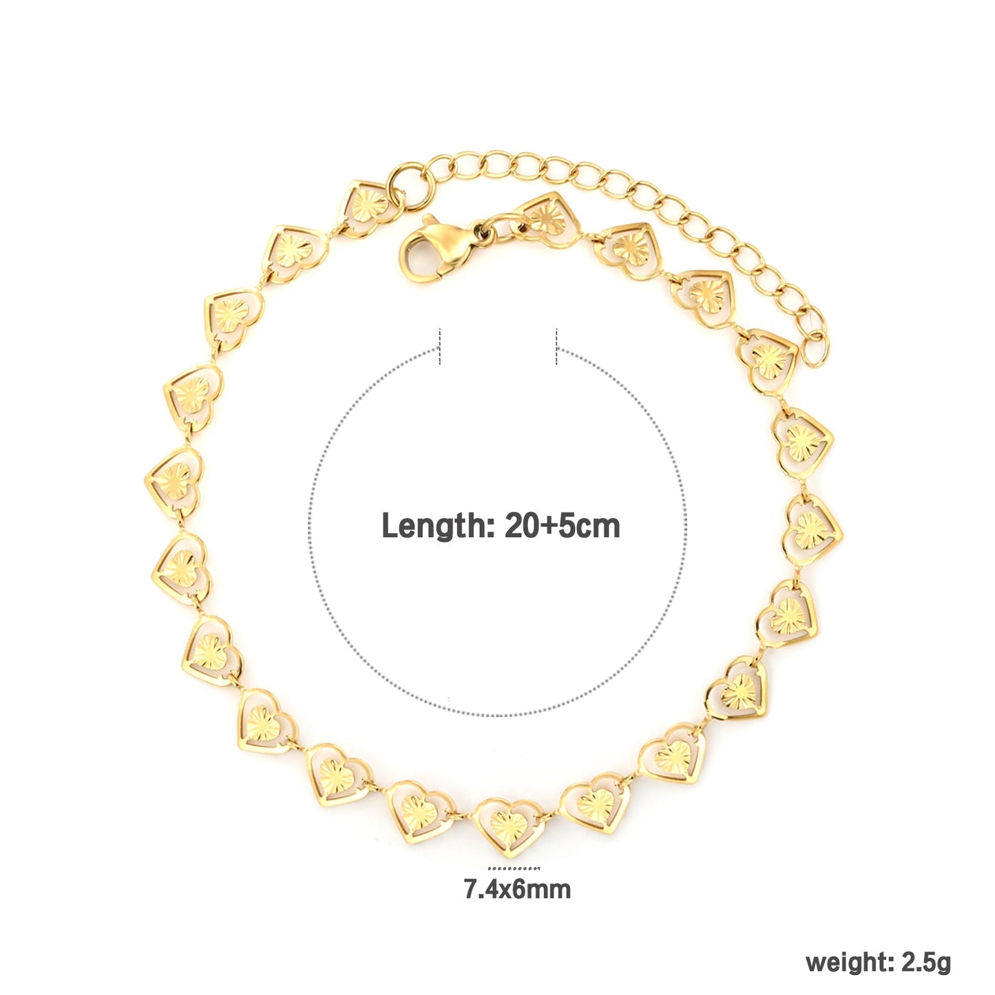 7.4 x 6mm heart-shaped accessory, 20+5cm, bracelet, steel color/gold color asonjewelry