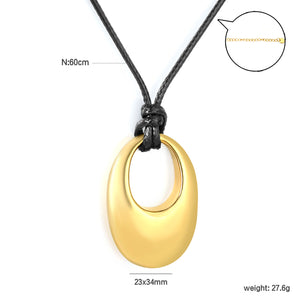 Openwork Solid Irregular Oval Pendant 2.0mm Wax Cord 60cm Sweater Chain Necklace Gold