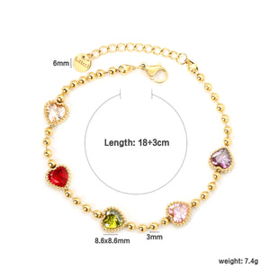 8.6x8.6mm mixed-color zirconia 3mm bead chain 18+3cm + 6mm round tag bracelet, gold