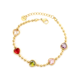 8.6x8.6mm mixed-color zirconia 3mm bead chain 18+3cm + 6mm round tag bracelet, gold