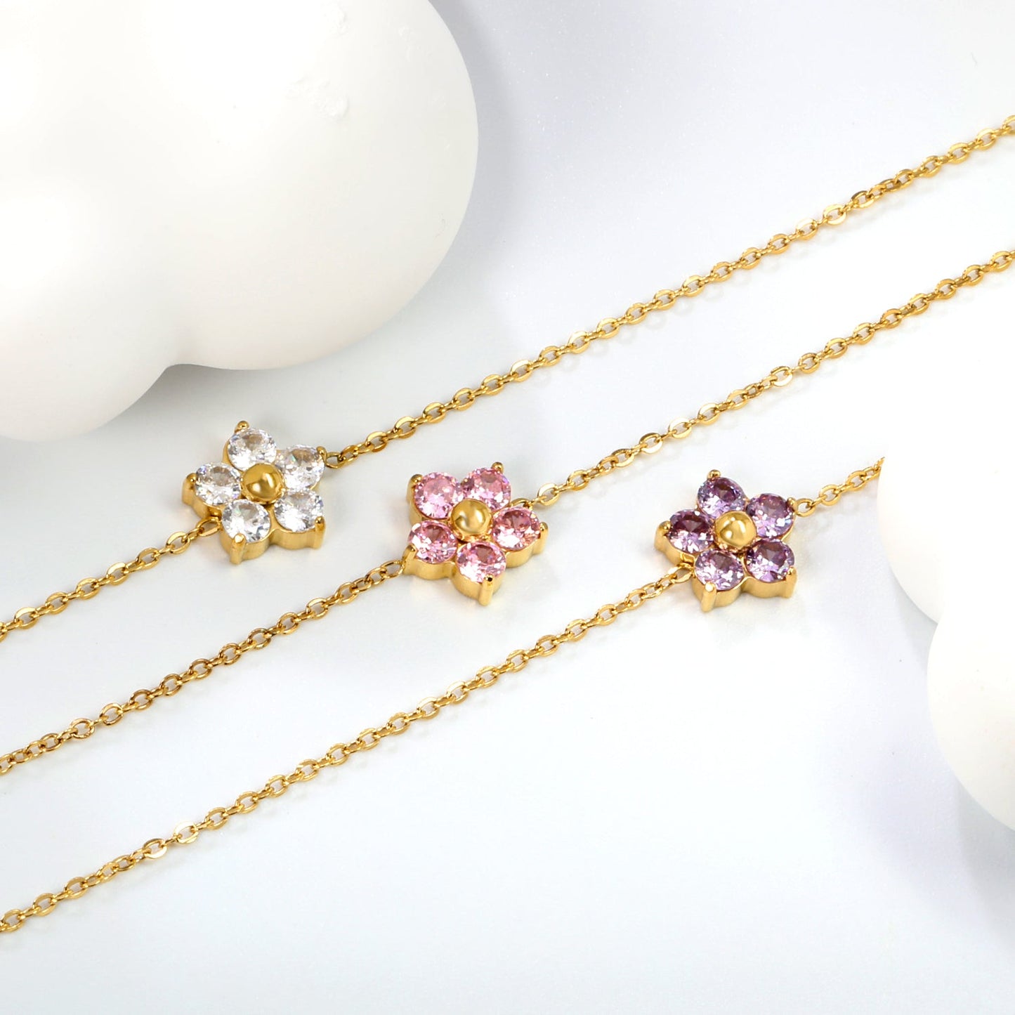 9.3*8.9mm Five Petal Flower with Round White/Purple/Pink Zirconium Bracelet 17+3cm+6mm Round End Tag Gold asonjewelry