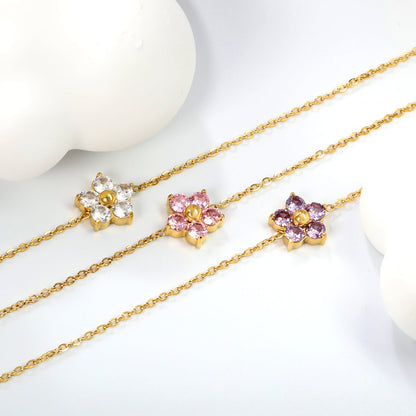 9.3*8.9mm Five Petal Flower with Round White/Purple/Pink Zirconium Bracelet 17+3cm+6mm Round End Tag Gold asonjewelry