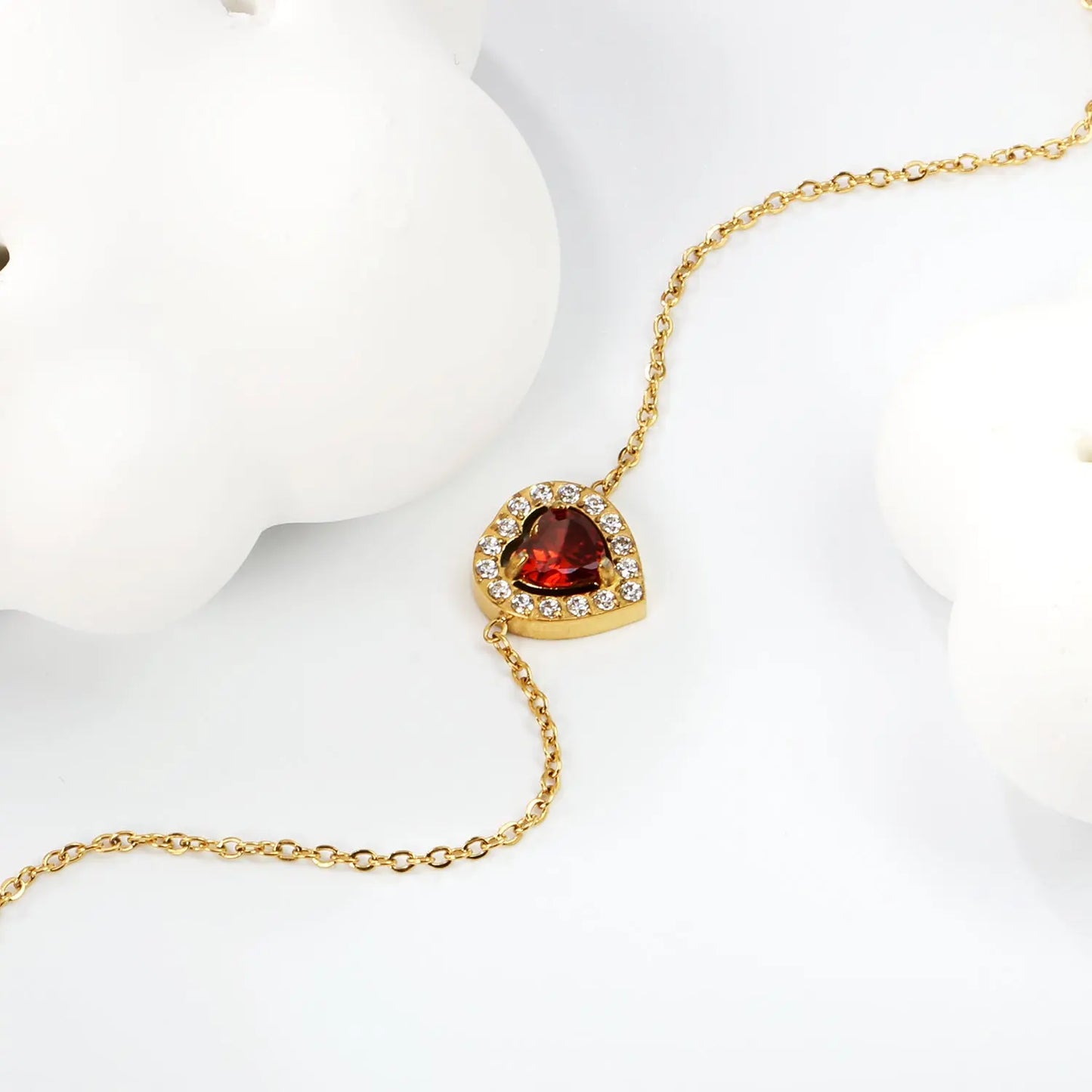 9.8*10.3mm peach heart with CNC white zirconium ring + garnet red genuine zirconium accessories bracelet 17+3cm+6mm round end plaque steel color/golden asonjewelry