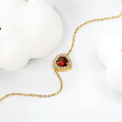 9.8*10.3mm peach heart with CNC white zirconium ring + garnet red genuine zirconium accessories bracelet 17+3cm+6mm round end plaque steel color/golden asonjewelry