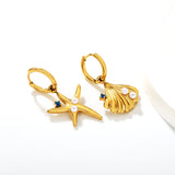 18x16mm Shell & 19x22mm Starfish with White Pearl + Diamond Earrings, Gold