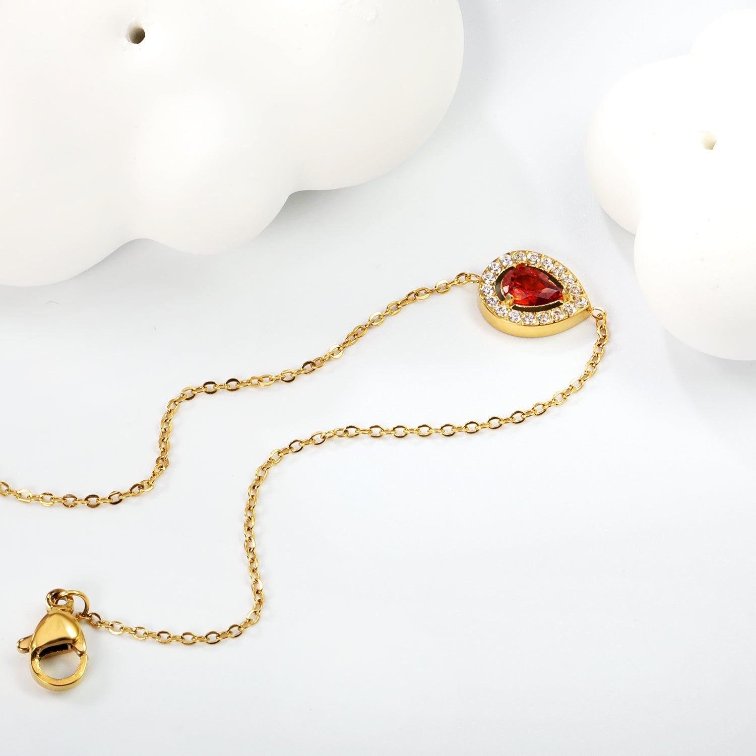 8.7*11mm Round with CNC White Zirconium Ring + Garnet Red Real Zirconium Accessories Bracelet 17+3cm+6mm Round End Plaque Steel/Golden asonjewelry