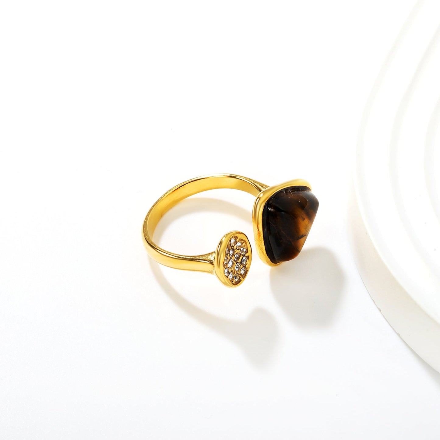 14mm Triangle Tiger's Eye + Czech White Imitation Diamond Open Ring Gold 7# asonjewelry