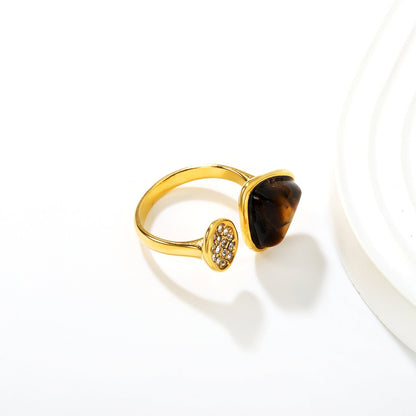 14mm Triangle Tiger's Eye + Czech White Imitation Diamond Open Ring Gold 7# asonjewelry