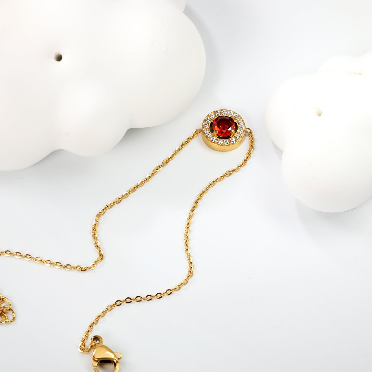 9.6mm round with CNC white zirconium circle + garnet red real zirconium accessories bracelet 17+3cm + 6mm round end plate steel color/golden asonjewelry