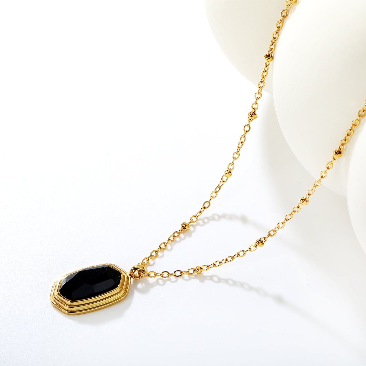 12.6*19mm Black Agate Stone Pendant 0.4 Clip Bead Chain Round Tag Necklace Gold asonjewelry