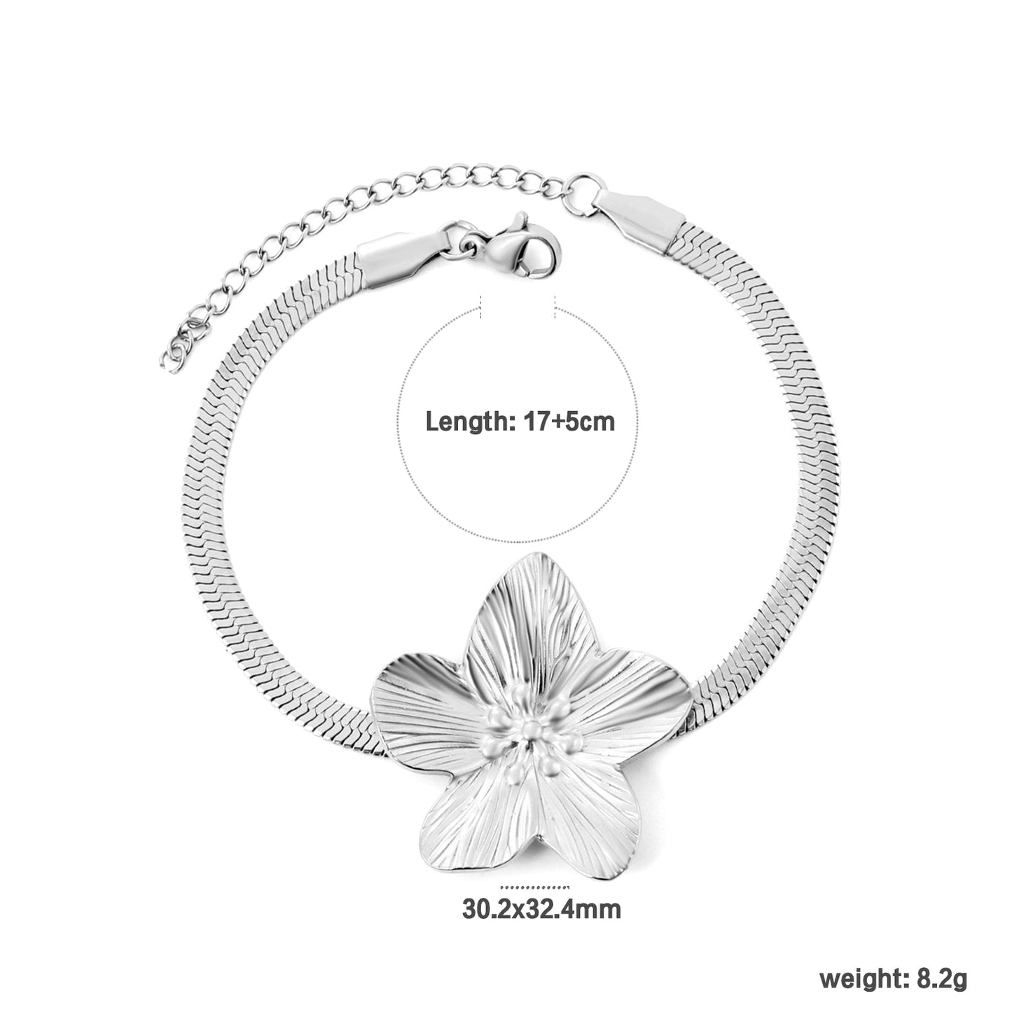 30.2 x 32.4 mm large flower pendant 4 mm snake chain 17 + 5 cm bracelet Steel color/gold color asonjewelry