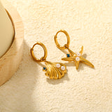 18x16mm Shell & 19x22mm Starfish with White Pearl + Diamond Earrings, Gold