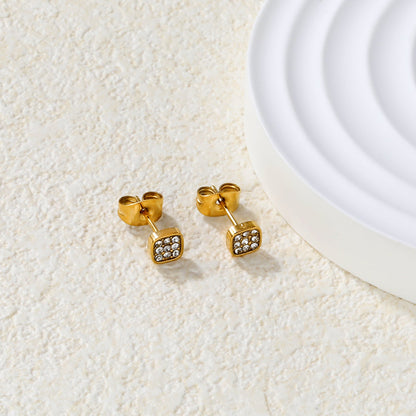 3PCS 5mm Geometric plain pin earrings with white diamonds steel color/golden color asonjewelry