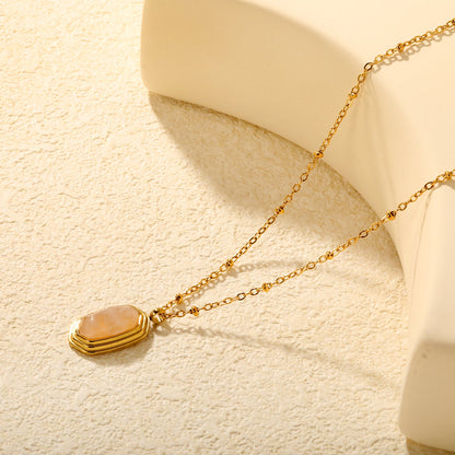 12.6*19mm Rose Quartz Stone Pendant 0.4mm Bead Chain Round Tag Necklace Gold asonjewelry