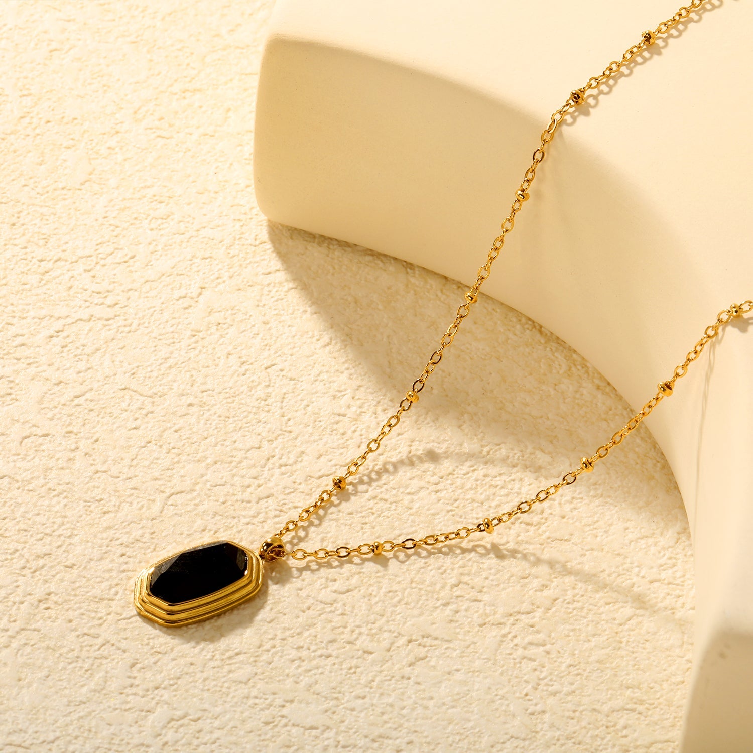 12.6*19mm Black Agate Stone Pendant 0.4 Clip Bead Chain Round Tag Necklace Gold asonjewelry