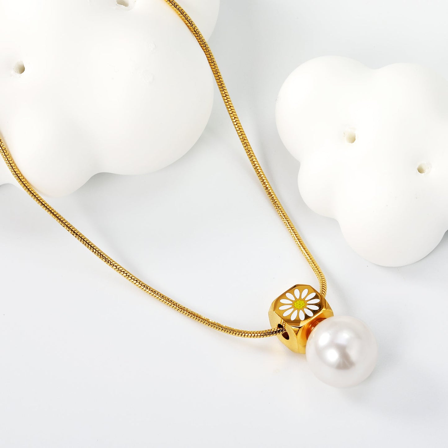 8mm chamfered square+12mm pearl pendant necklace cross chain 40+5cm+6mm round plaque gold color asonjewelry