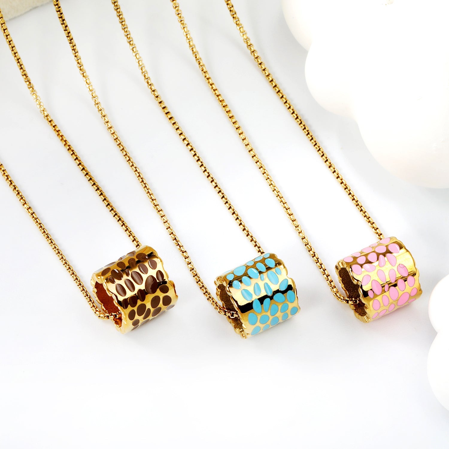 11*12mm hollow cylinder with light curry/pink/blue speckled oil drop pendant necklace 1.2 square pearl chain 40+5cm+6mm round piece gold color asonjewelry