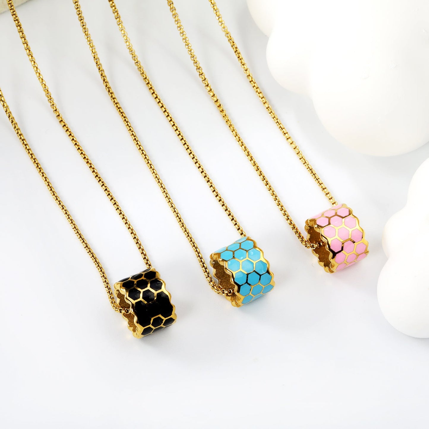 Thick 1.5*Wide 8.5*High 12mm Hollow Cylinder with Black/Pink/Blue Oil Drip Snake Pendant Necklace 1.2 Square Pearls Chain 40+5cm+6mm Round Piece Gold Color asonjewelry