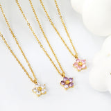 9.3mm five petal flower with round white/purple/pink zirconium pendant necklace 0.35 cross chain 45+5cm+6mm round plate