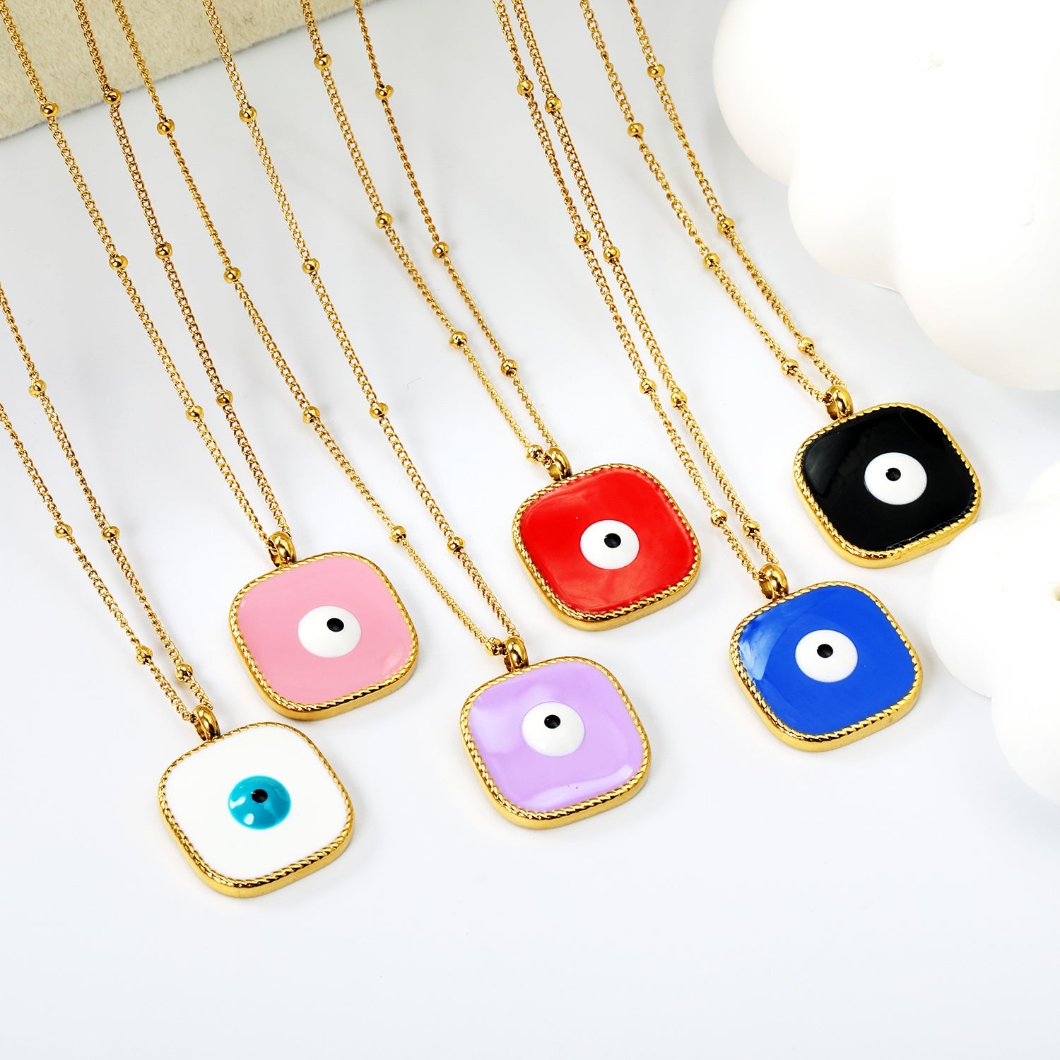 Welded 4mm circle + 16.5mm square green/white eyeball white/black/purple/red/blue/pink base oil drop pendant necklace 40+5cm+6mm round plate Gold color asonjewelry