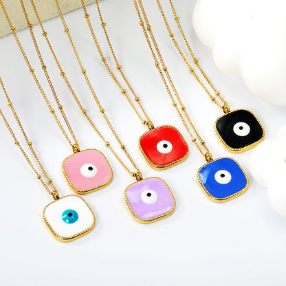Welded 4mm circle + 16.5mm square green/white eyeball white/black/purple/red/blue/pink base oil drop pendant necklace 40+5cm+6mm round plate Gold color asonjewelry