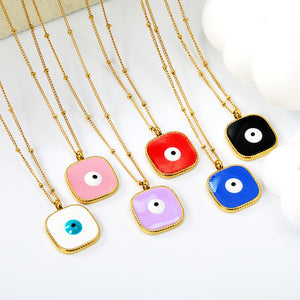 Welded 4mm circle + 16.5mm square green/white eyeball white/black/purple/red/blue/pink base oil drop pendant necklace 40+5cm+6mm round plate Gold color