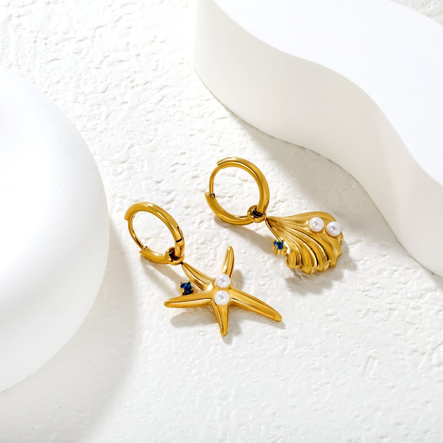 18x16mm Shell & 19x22mm Starfish with White Pearl + Diamond Earrings, Gold asonjewelry