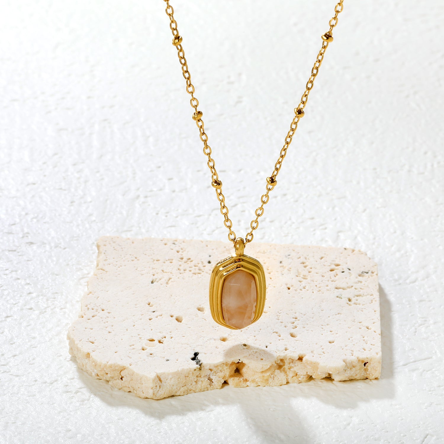 12.6*19mm Rose Quartz Stone Pendant 0.4mm Bead Chain Round Tag Necklace Gold asonjewelry