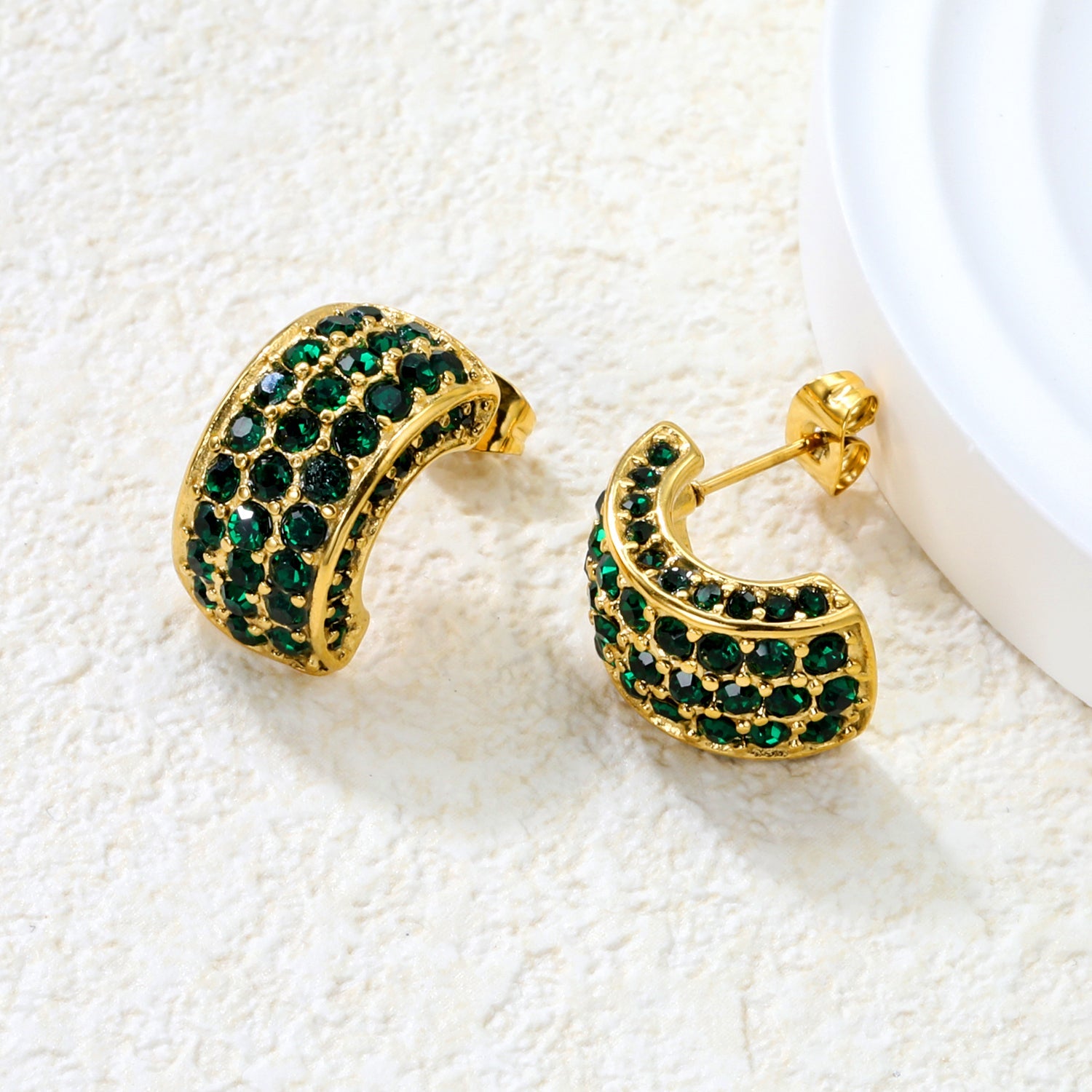 10.2*18.4mm C-shaped with white/emerald diamonds earrings steel color/golden color asonjewelry